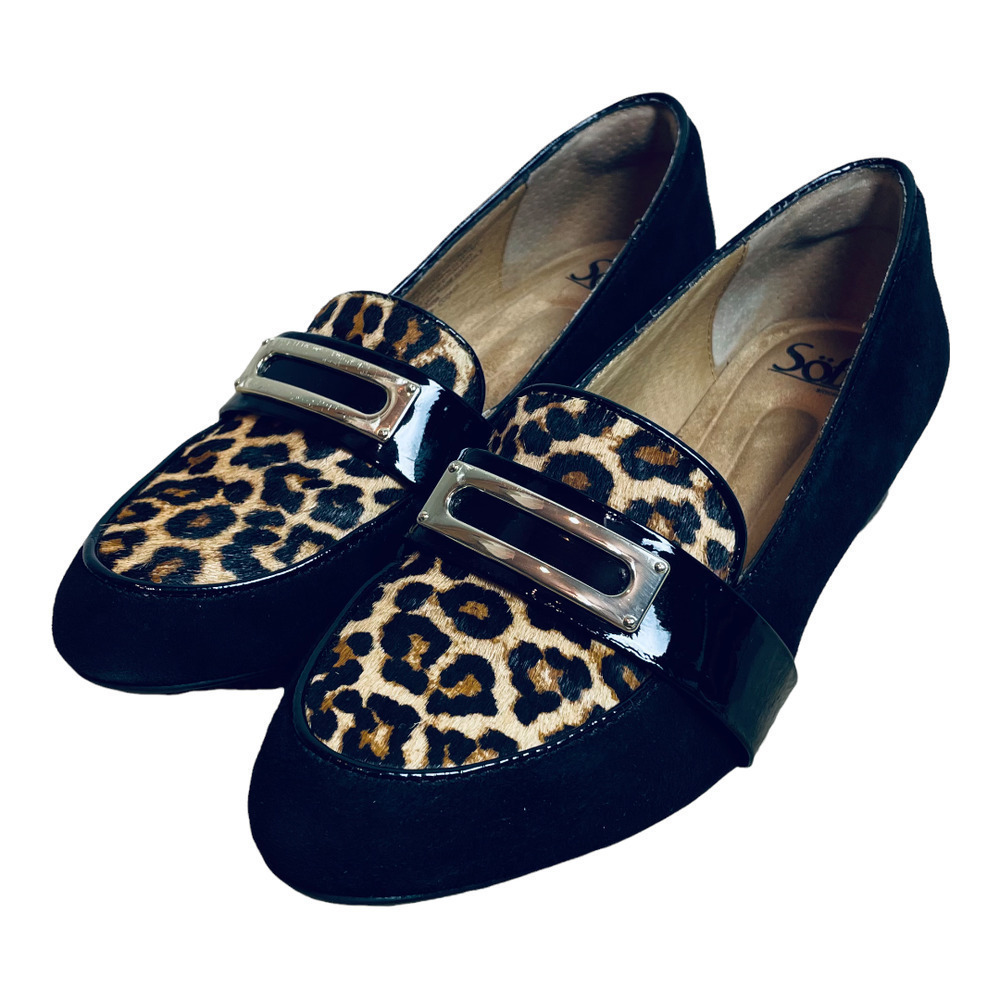 SOFFT Black Suede Patent Leather Cowhair Cheetah Slip-on Loafers Women Size 7.5